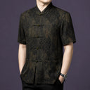 Side angle of a men's 100% mulberry silk mandarin collar shirt featuring an elegant vintage jacquard pattern.