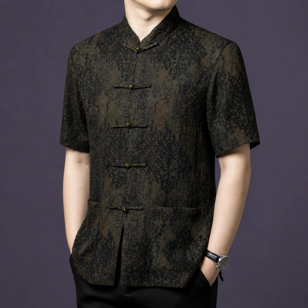 Side angle of a men's 100% mulberry silk mandarin collar shirt featuring an elegant vintage jacquard pattern.