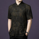 Side angle of a men's 100% mulberry silk mandarin collar shirt featuring an elegant vintage jacquard pattern.
