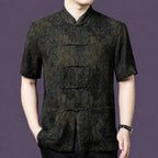 Men's short sleeve mulberry silk shirt with mandarin collar and traditional frog button details.