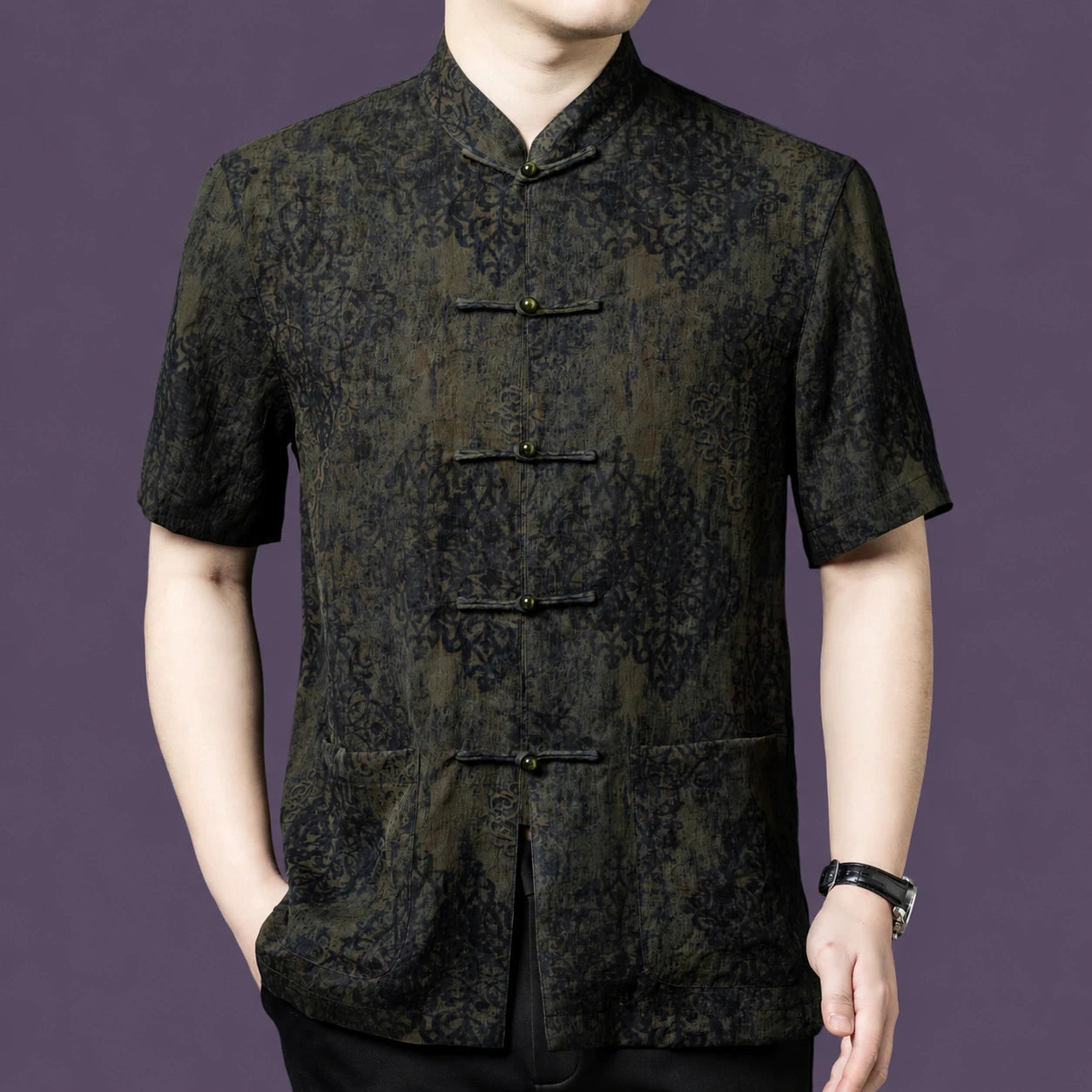 Men's short sleeve mulberry silk shirt with mandarin collar and traditional frog button details.