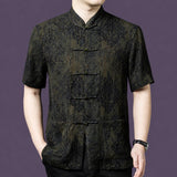 Men's short sleeve mulberry silk shirt with mandarin collar and traditional frog button details.