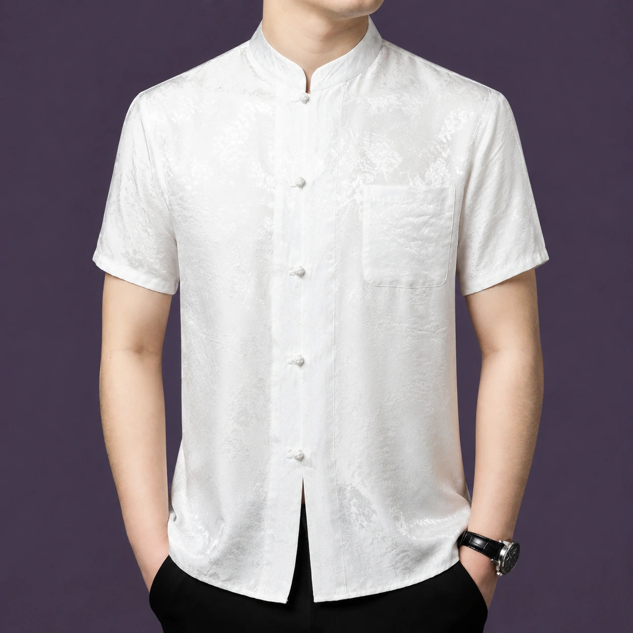 Men's light white/light grey 100% mulberry silk short-sleeve shirt with a relaxed straight cut and a delicate, shimmering floral jacquard pattern.
