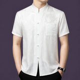 Men's light white/light grey 100% mulberry silk short-sleeve shirt with a relaxed straight cut and a delicate, shimmering floral jacquard pattern.