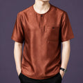Men's 100% mulberry silk short sleeve shirt with woven jacquard pattern in brown
