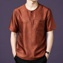 Men's 100% mulberry silk short sleeve shirt with woven jacquard pattern in brown