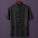 Men's black 100% mulberry silk mandarin collar short sleeve shirt with traditional frog button closure.