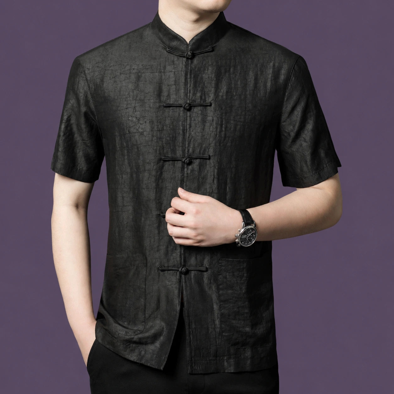 Men's black short sleeve mulberry silk shirt with mandarin collar and relaxed fit.