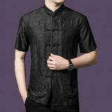 Men's black short sleeve mulberry silk shirt with mandarin collar and relaxed fit.