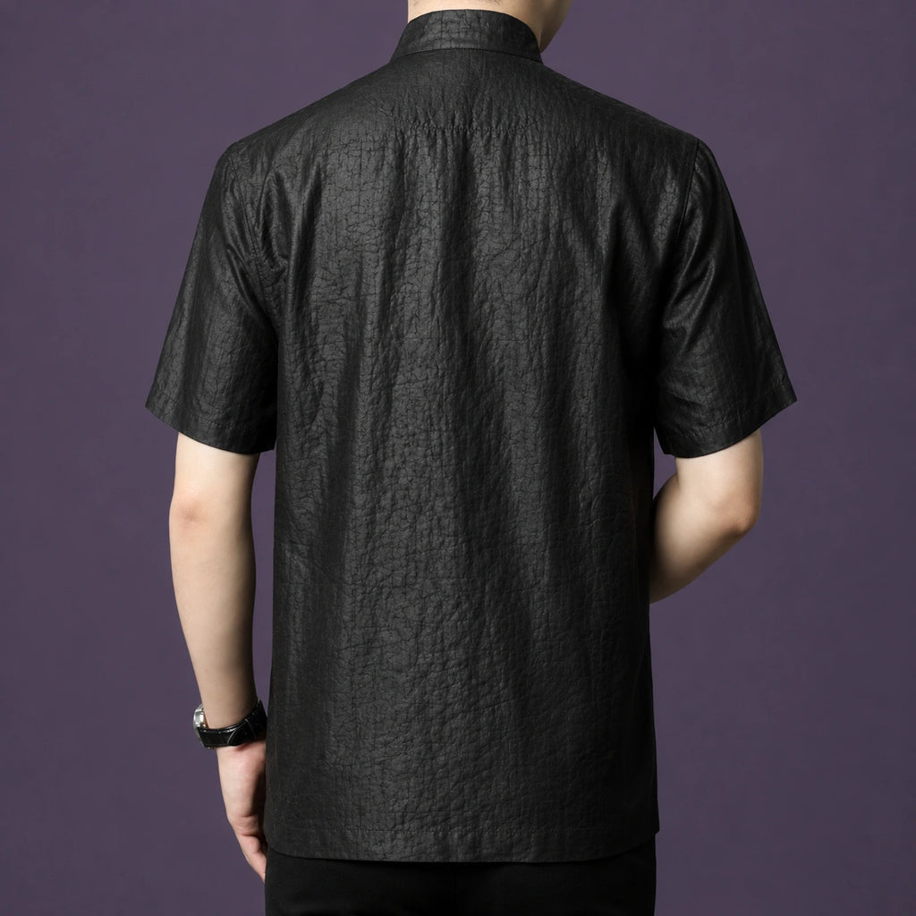 Back view of a men's black 100% mulberry silk Mandarin collar short sleeve shirt.