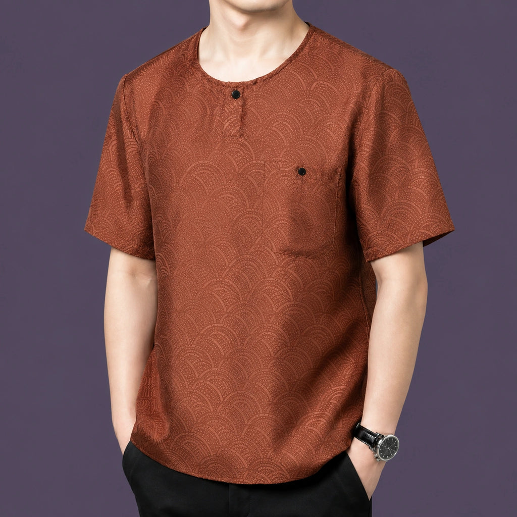 Brown men's mulberry silk jacquard short sleeve shirt with chest pocket