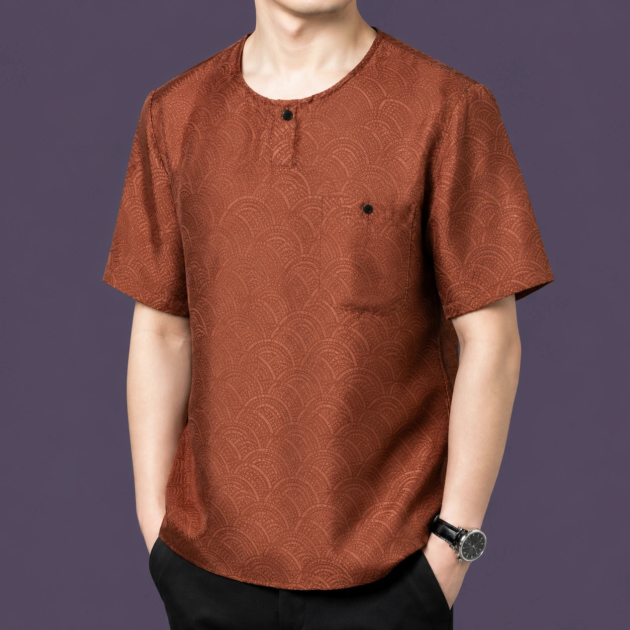 Brown men's mulberry silk jacquard short sleeve shirt with chest pocket