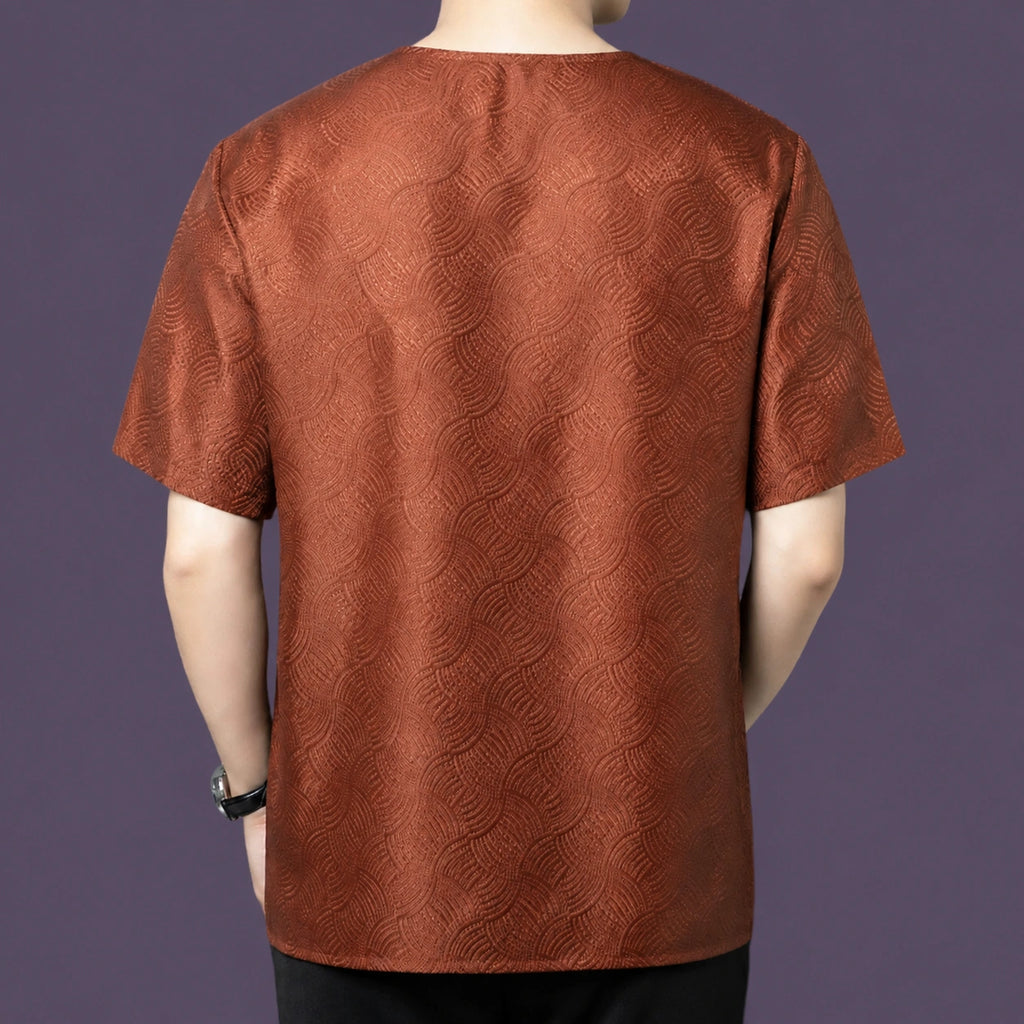 Back view of men's brown mulberry silk jacquard short sleeve shirt