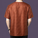 Back view of men's brown mulberry silk jacquard short sleeve shirt