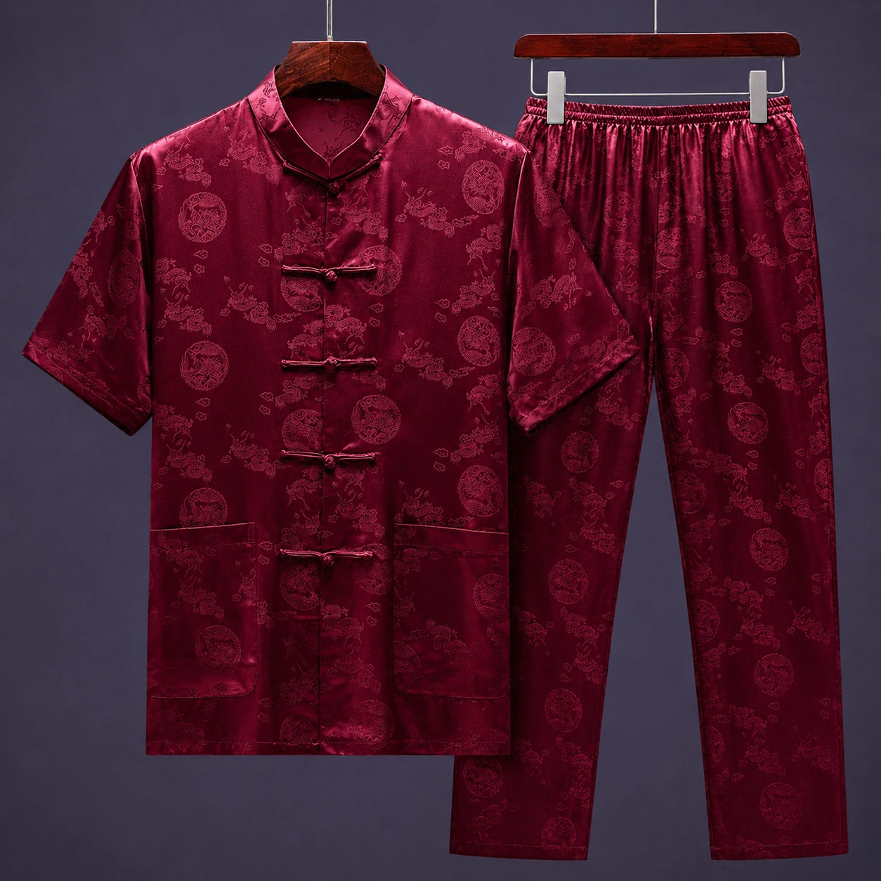 Burgundy men's mulberry silk Tang suit set with mandarin collar and matching trousers