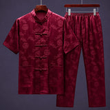 Burgundy men's mulberry silk Tang suit set with mandarin collar and matching trousers
