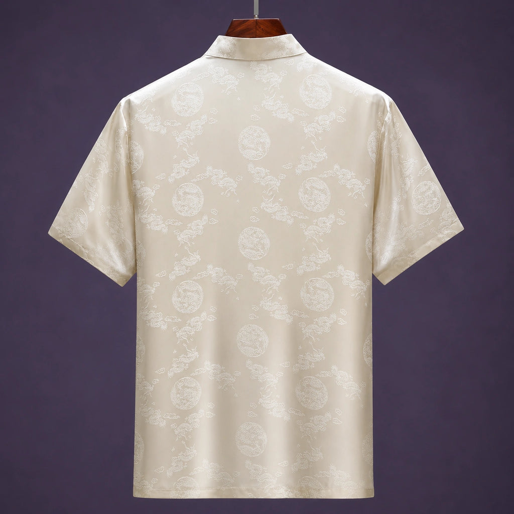 Back view of men's ivory mulberry silk Tang suit set with jacquard pattern