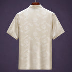 Back view of men's ivory mulberry silk Tang suit set with jacquard pattern