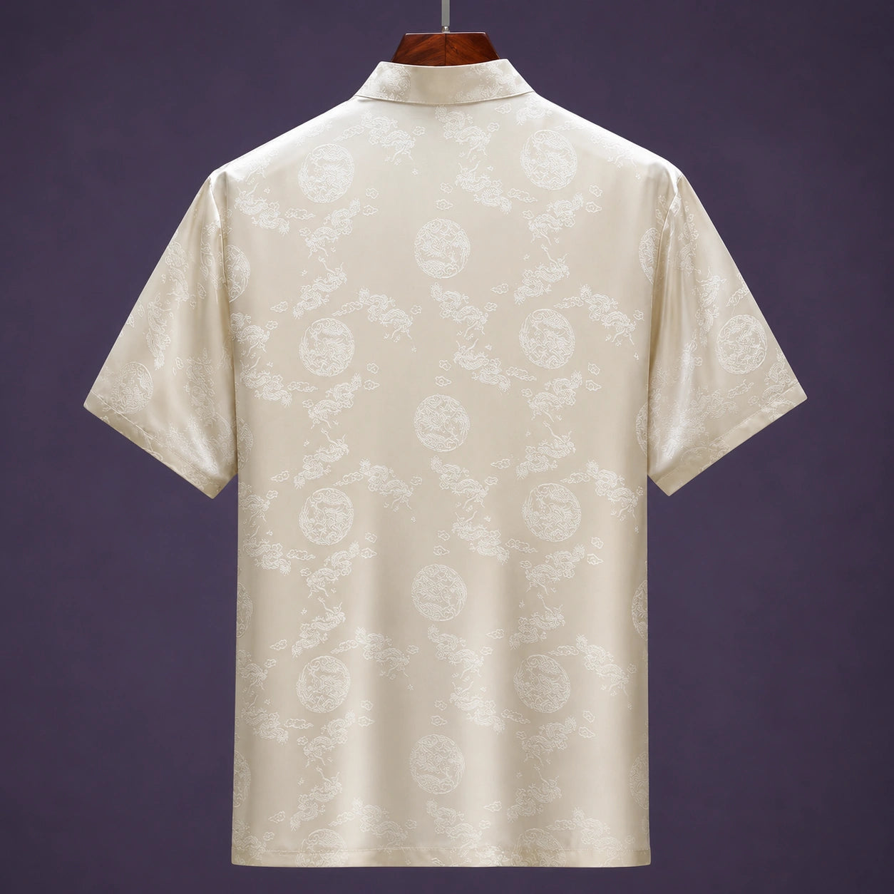 Back view of men's ivory mulberry silk Tang suit set with jacquard pattern