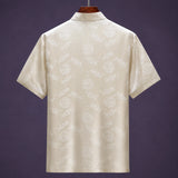 Back view of men's ivory mulberry silk Tang suit set with jacquard pattern