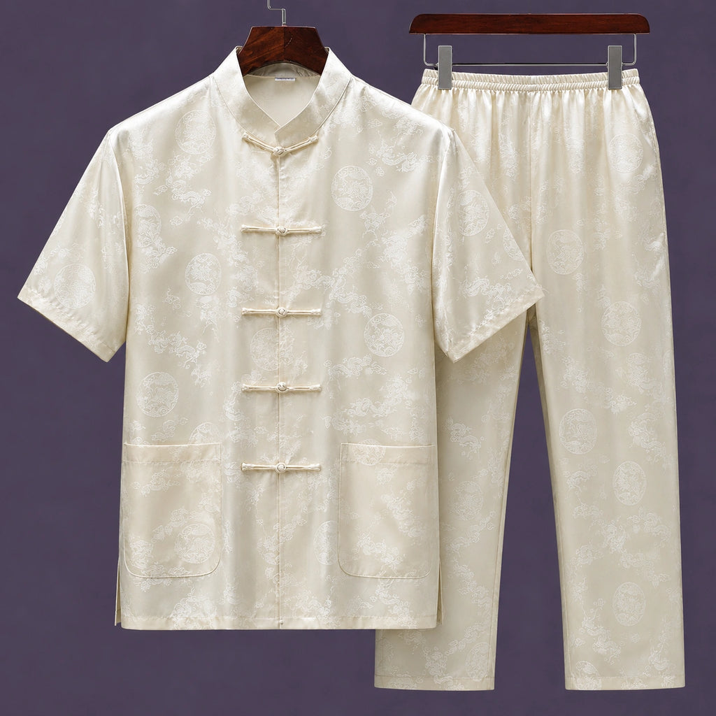 Men's ivory mulberry silk Tang suit set with mandarin collar short sleeve shirt and matching trousers