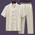 Men's ivory mulberry silk Tang suit set with mandarin collar short sleeve shirt and matching trousers