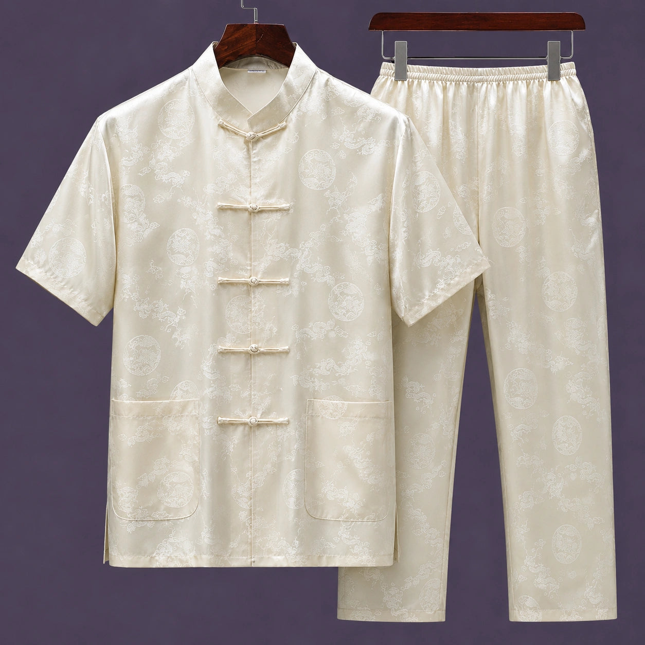 Men's ivory mulberry silk Tang suit set with mandarin collar short sleeve shirt and matching trousers