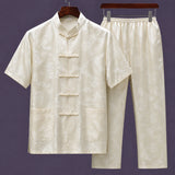 Men's ivory mulberry silk Tang suit set with mandarin collar short sleeve shirt and matching trousers