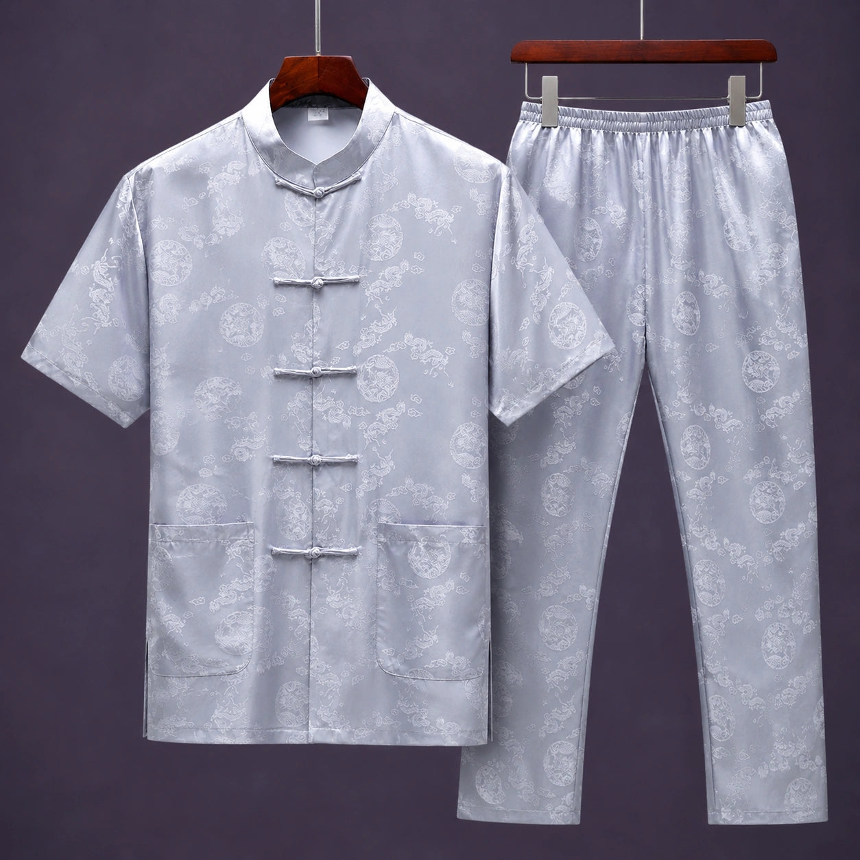 Light grey men's mulberry silk Tang suit set featuring jacquard fabric and traditional Chinese frog buttons