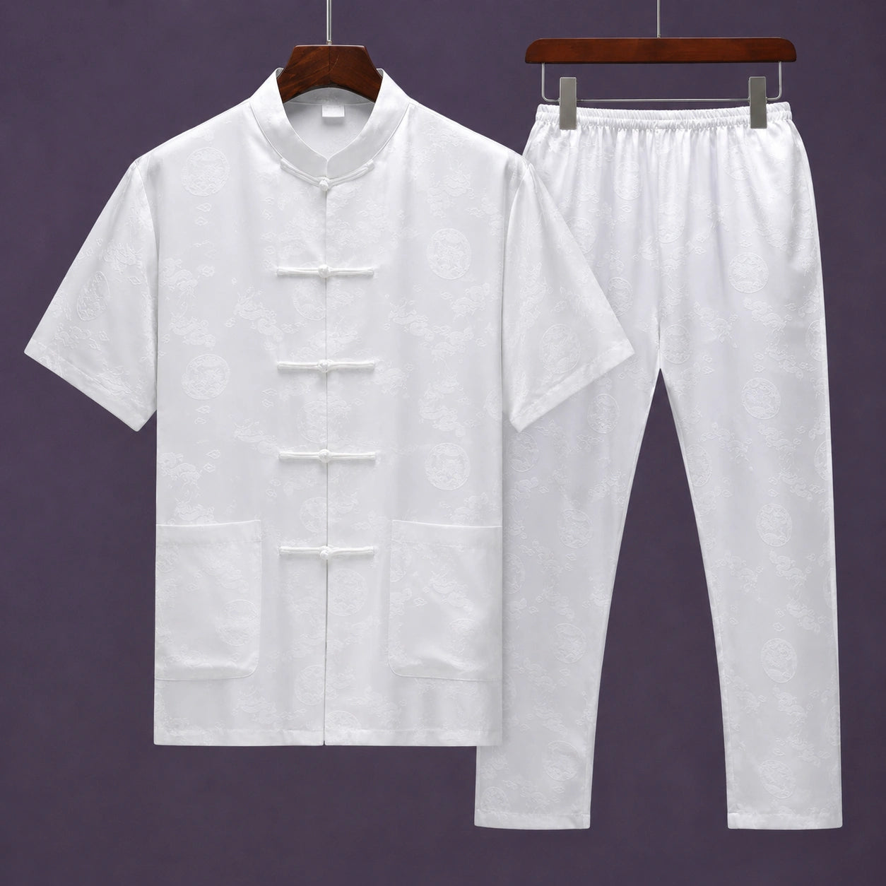 White men's mulberry silk Tang suit with frog buttons and matching elastic waist trousers