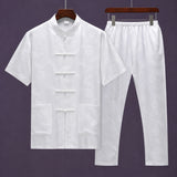 White men's mulberry silk Tang suit with frog buttons and matching elastic waist trousers