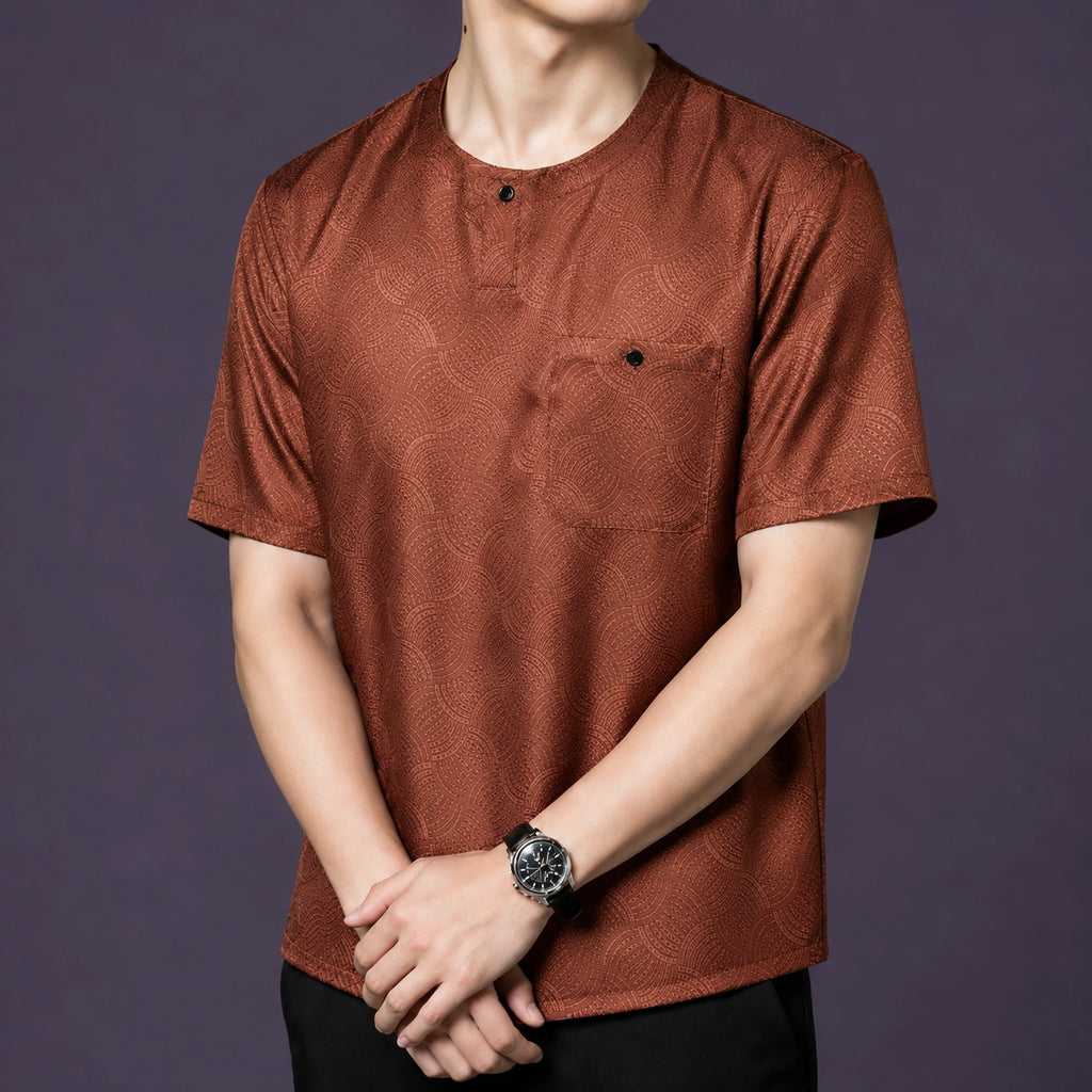Model wearing a brown 100% mulberry silk short sleeve Chinese style shirt
