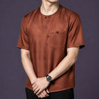 Model wearing a brown 100% mulberry silk short sleeve Chinese style shirt