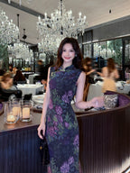 Front view of a Midnight Botanical floral Mulberry Silk Cheongsam dress with a classic Mandarin collar.