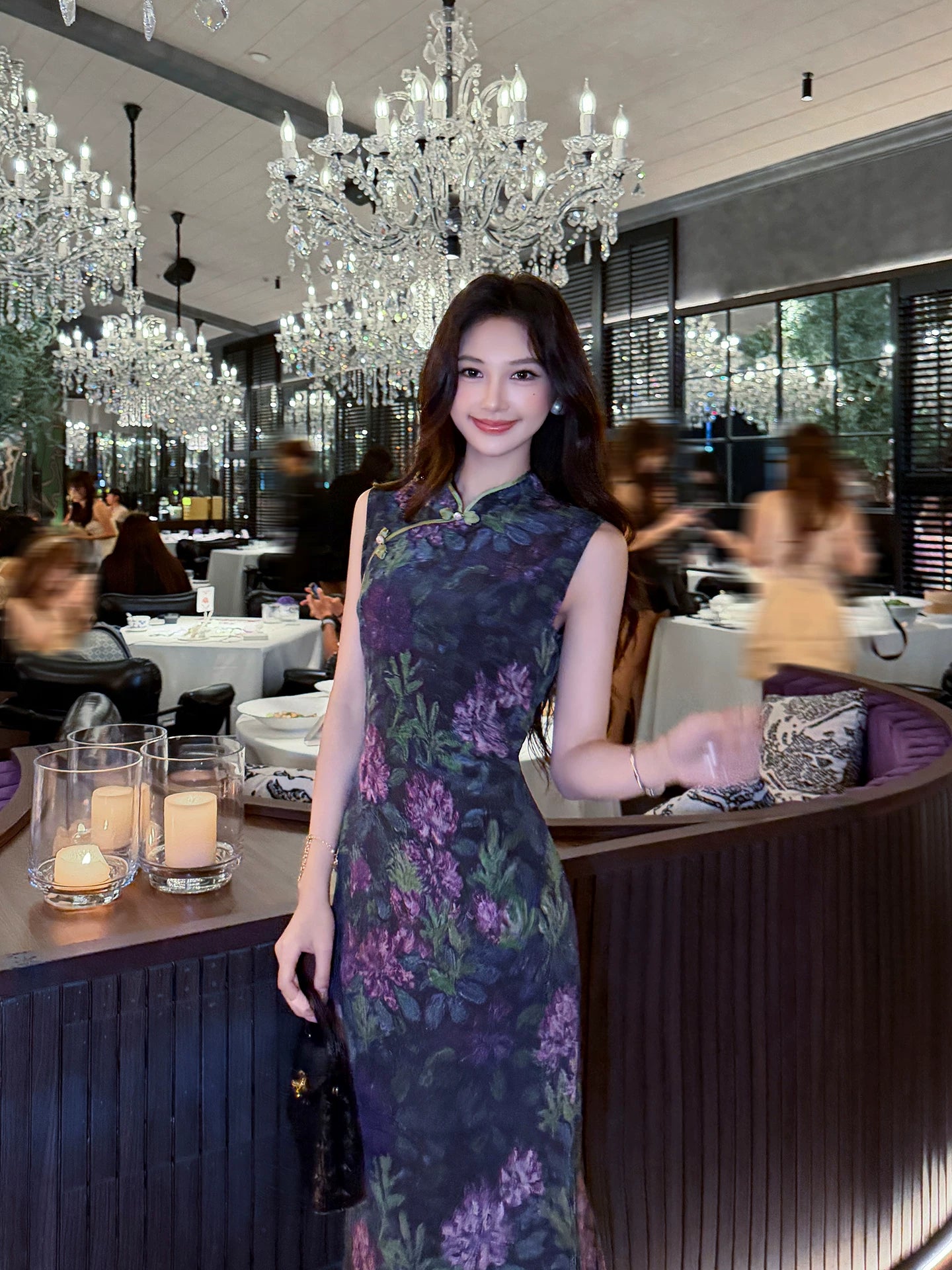 Front view of a Midnight Botanical floral Mulberry Silk Cheongsam dress with a classic Mandarin collar.