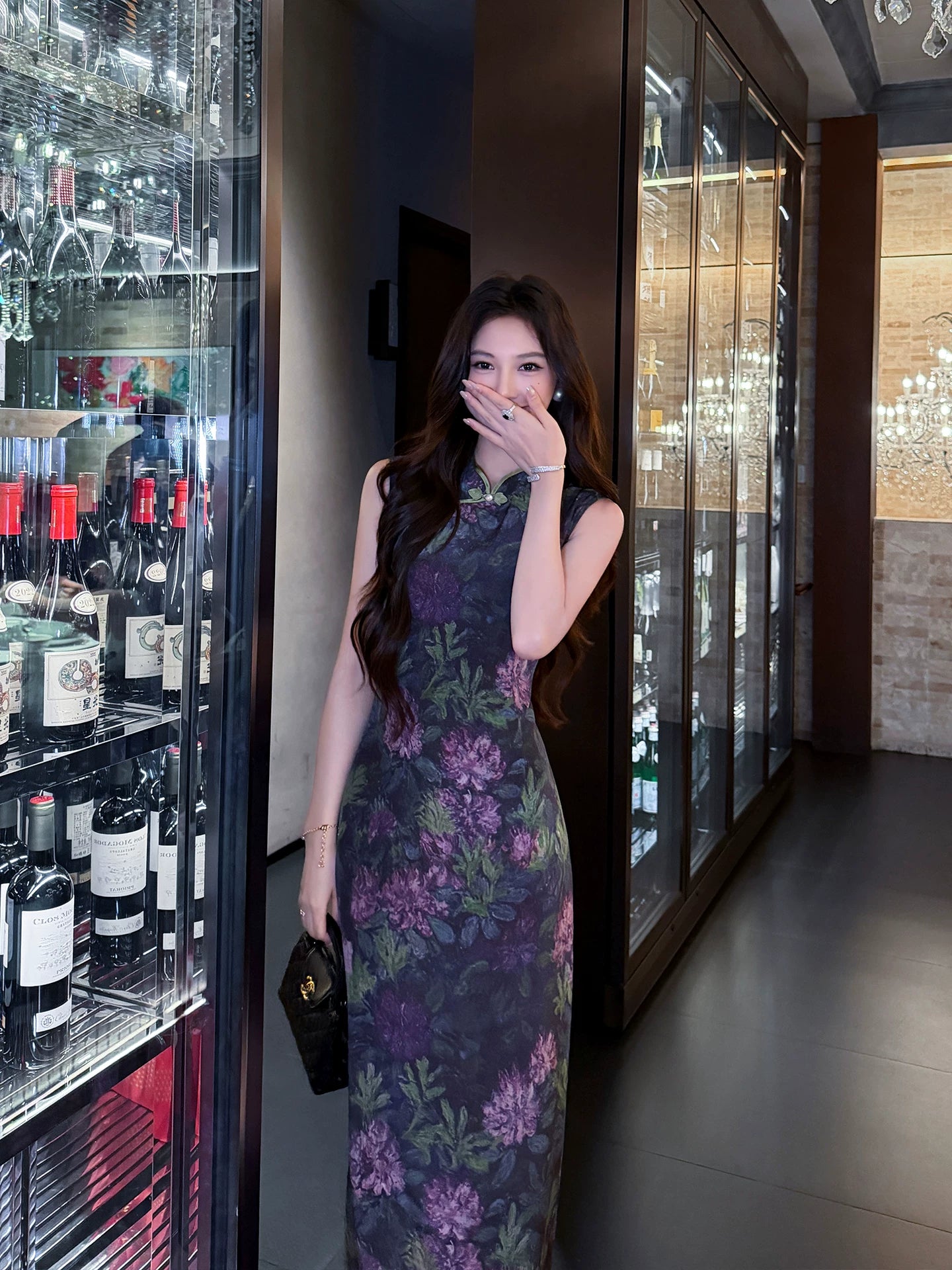 Full-length view of a Midnight Botanical Mulberry Silk floral Cheongsam dress with a Mandarin collar.