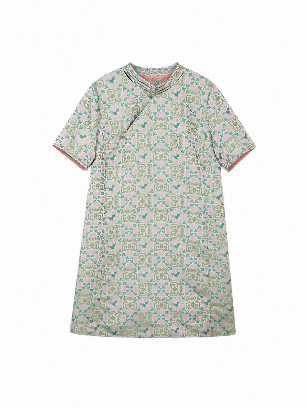 Flat lay of a mint green Chinese-inspired dress with a geometric floral print and round neckline