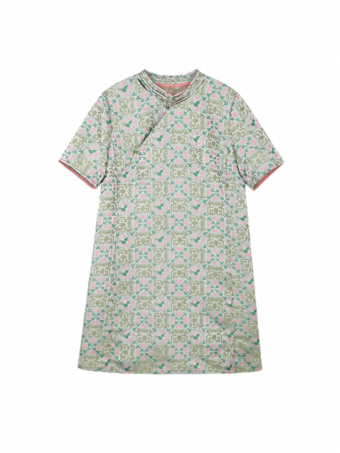 Flat lay of a mint green Chinese-inspired dress with a geometric floral print and round neckline