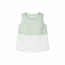 Flat lay of a mint green sleeveless top with beaded neckline, floral embroidery, and a white color-block hem, crafted from a Lyocell-polyester blend.