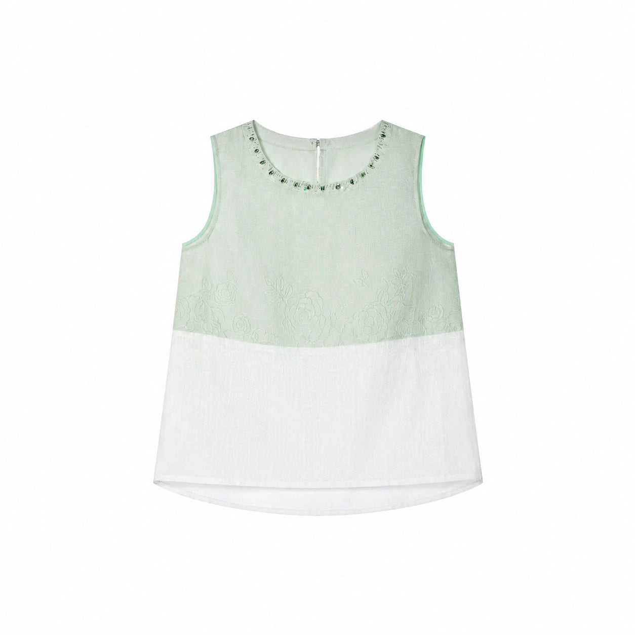 Flat lay of a mint green sleeveless top with beaded neckline, floral embroidery, and a white color-block hem, crafted from a Lyocell-polyester blend.