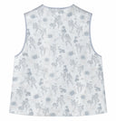 Back view of the mist silver-white sleeveless vest with blue floral and cat motifs.