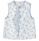 Front product view of the vest showing its round neckline, curved placket, blue buttons and floral embroidery.