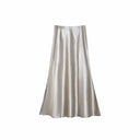 Flat lay of a mocha satin A-line maxi skirt with a high waist and smooth flowing drape, crafted from 100% polyester.