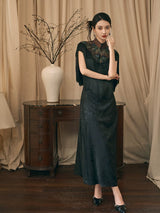 Black modern qipao dress paired with an elegant shawl for an evening occasion.