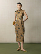 Full length view of a floral silk cheongsam dress in a fitted sleeveless silhouette