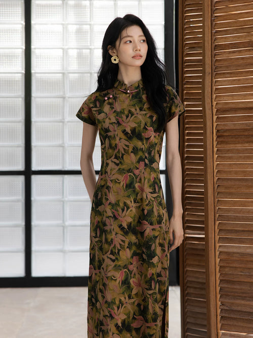Front view of a women's 100% mulberry silk botanical print Chinese style maxi dress.