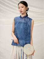 Close-up of the Mulberry Silk Sleeveless Top featuring a mandarin collar and traditional frog closure.
