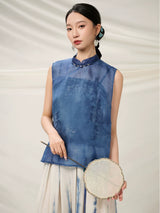 Close-up of the Mulberry Silk Sleeveless Top featuring a mandarin collar and traditional frog closure.