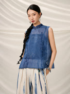 Woman wearing the Mulberry Silk Mandarin Collar Sleeveless Top by Gambiered Silk.