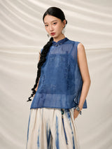 Woman wearing the Mulberry Silk Mandarin Collar Sleeveless Top by Gambiered Silk.
